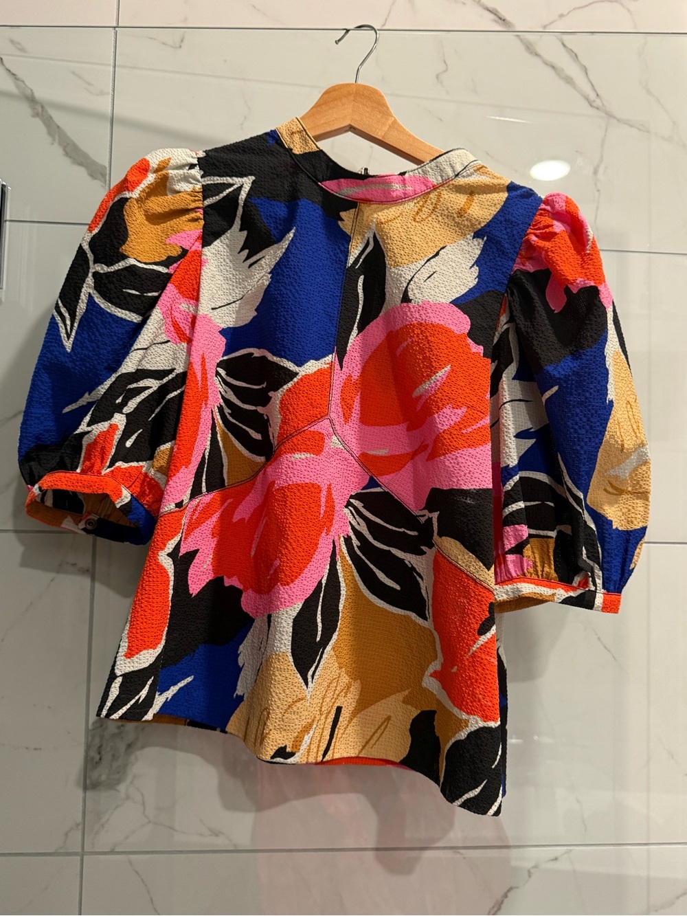Ted Baker London Vibrant Floral Puff-Sleeve Blouse in Pink, Blue, Black